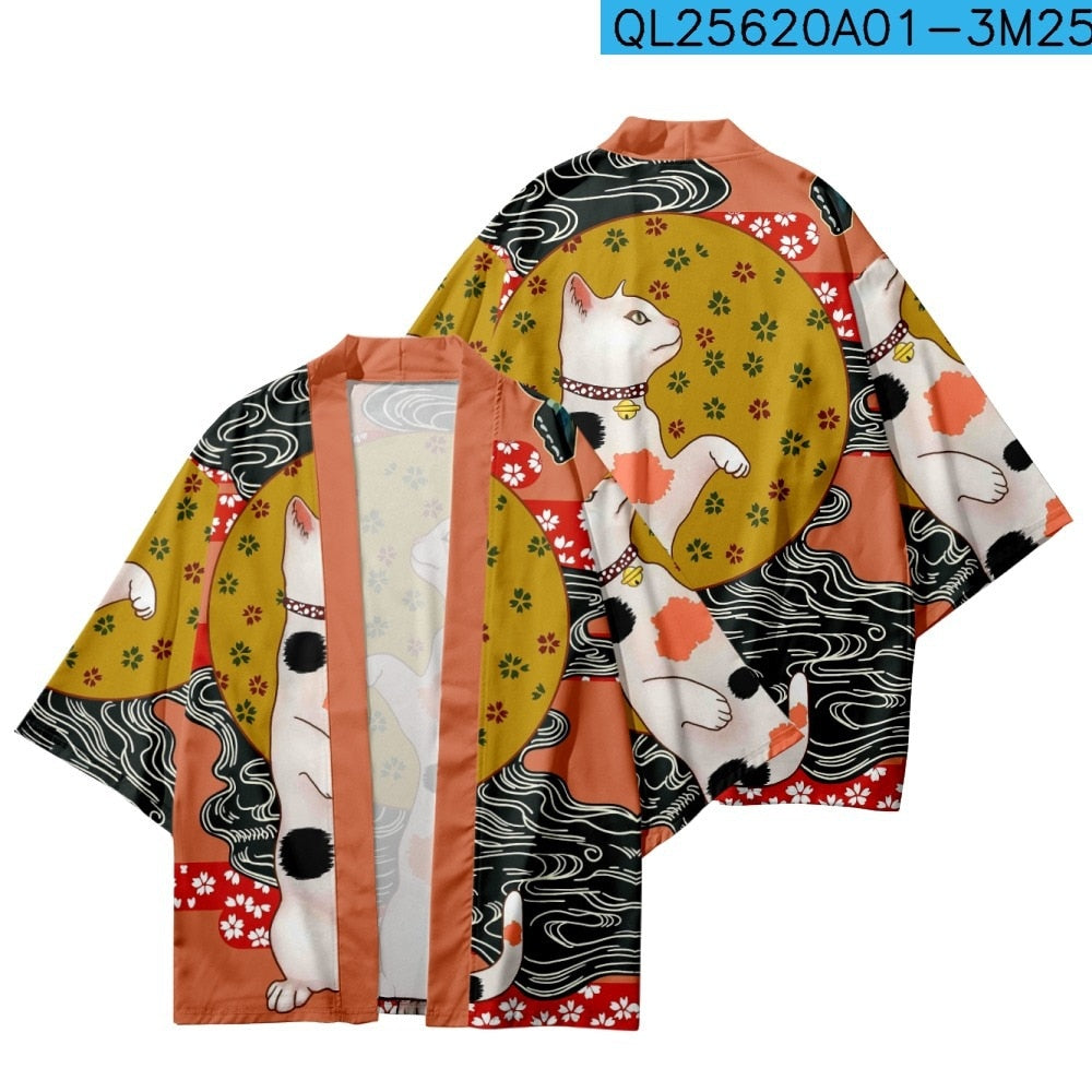 Streetwear Cardigan Demon Samurai Cat Print Shirt Clothing Traditional Haori Kimono Women Men Harajuku Japanese Beach Yukata Top