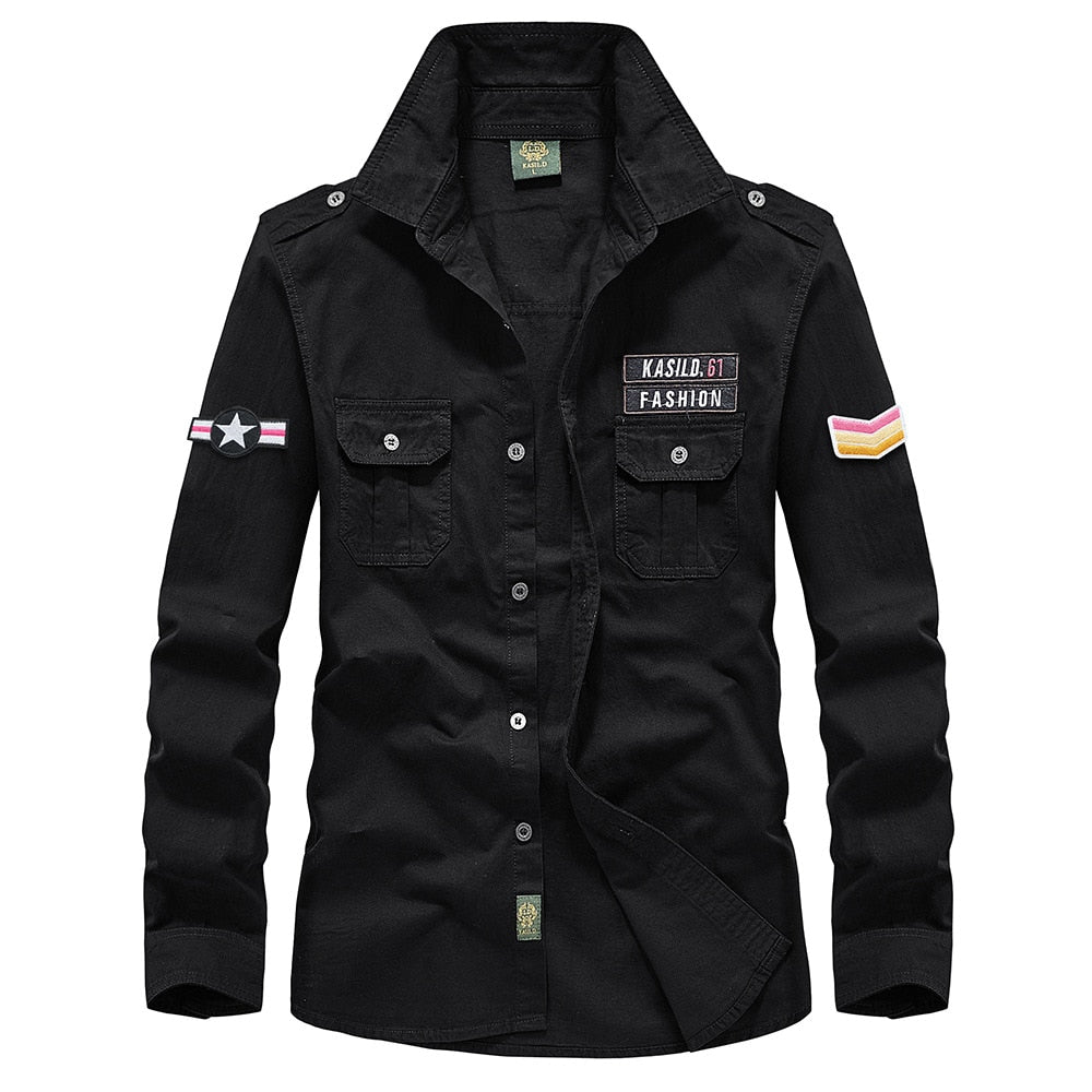 Military Shirt Men's Shirts Casual Style Clothing Cotton Long Sleeve Retro Vintage 6XL Embroidery Plus Size White Drop Shipping