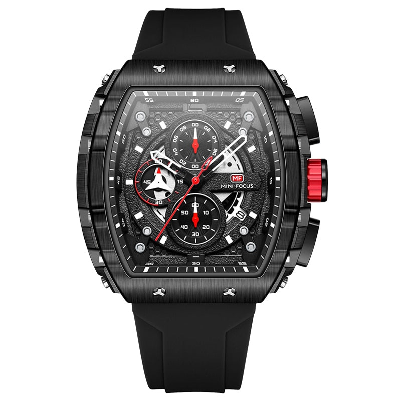 MINI FOCUS Chronograph Quartz Watch for Men Tonneau Dial Military Sport Wristwatch with Orange Silicone Strap Auto Date 0399
