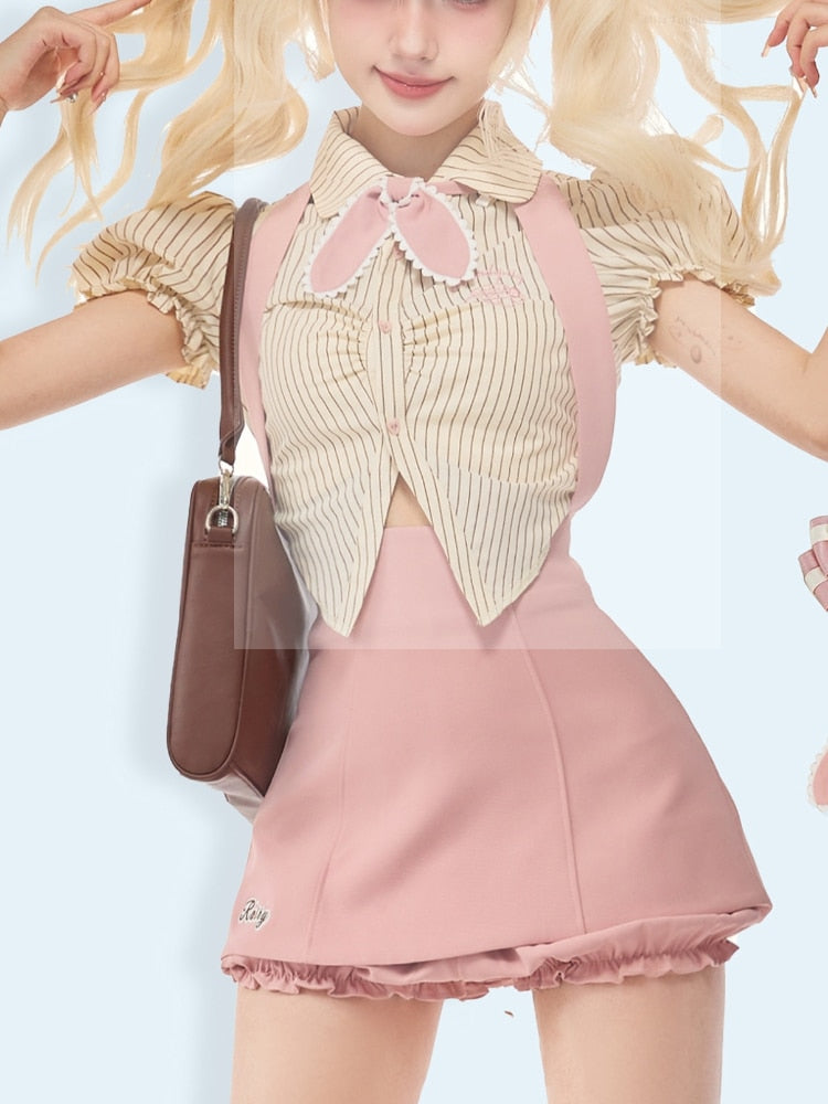 Pink Japanese Kawaii Two Piece Set Women Korean Sweet Party Mini Dress Suit Puff Sleeve Striped Blouse + Suspenders Dress 2023