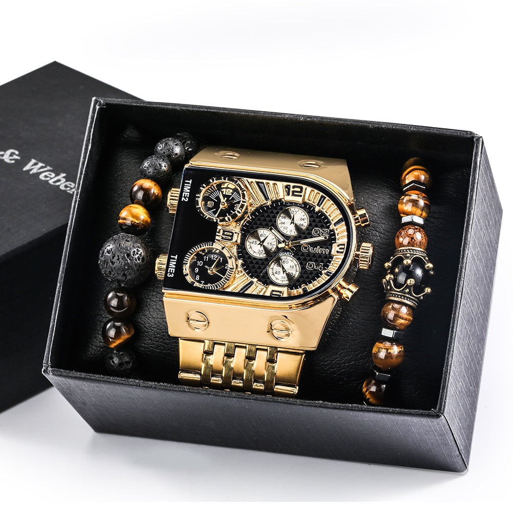 Top Brand Luxury Men Quartz Watch and Bracelet Set Business Gold Stainless Steel Big Dial Wristwatch Gift for Men Reloj Hombre