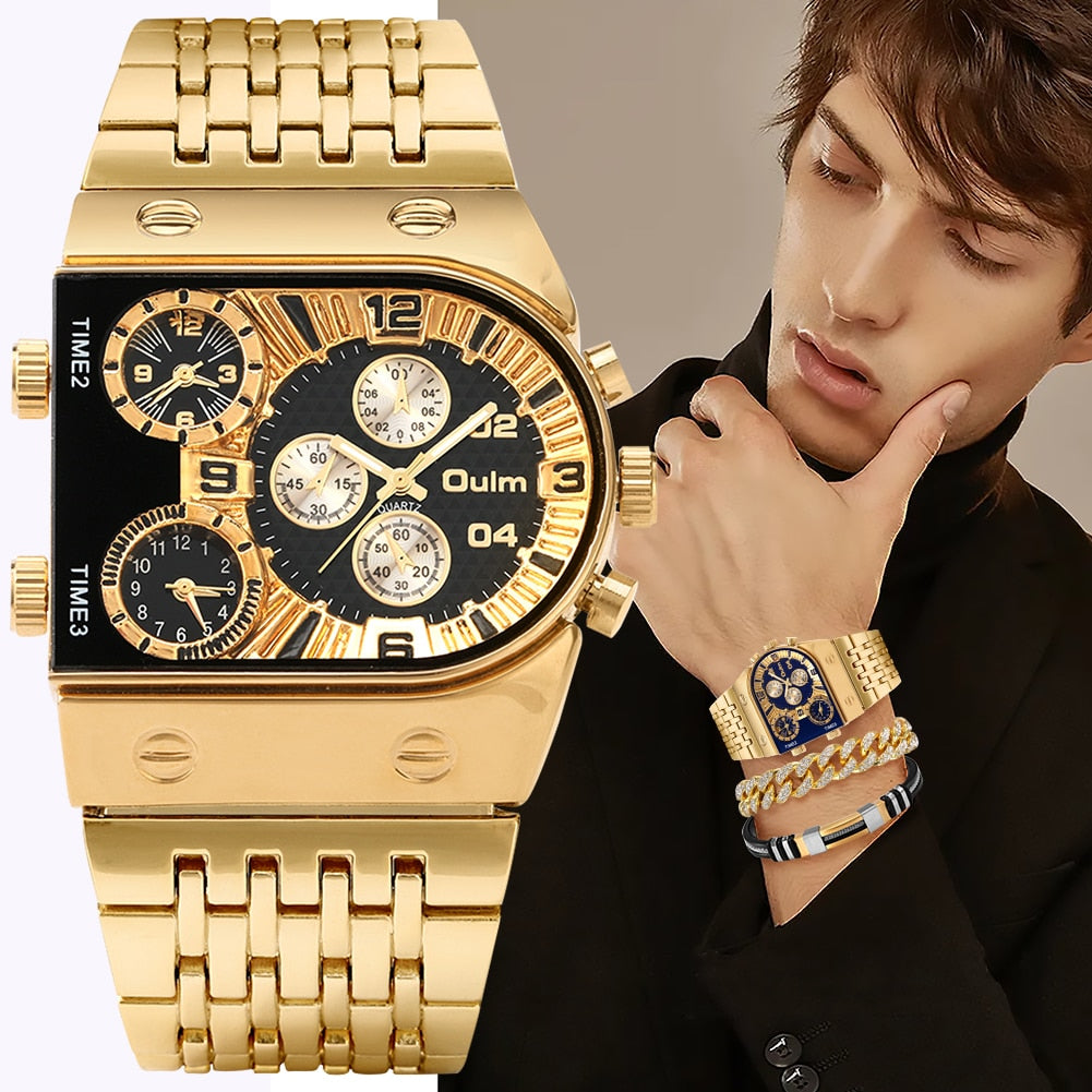 Top Brand Luxury Men Quartz Watch and Bracelet Set Business Gold Stainless Steel Big Dial Wristwatch Gift for Men Reloj Hombre