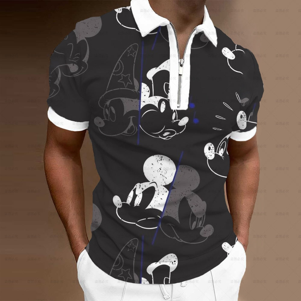 Summer Men's Clothing Polo Shirt Street Disney Mickey 3D Print Casual Short Sleeve T Shirt Men's Lapel Zip Polo Shirt