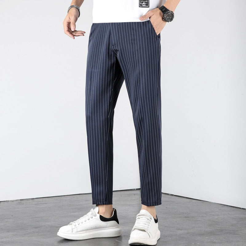 Summer Business Stripe Suit Pants Men Thin Formal Slim Fit Classic Work Ankle Length Straight Blue Trousers Brand Clothing 38