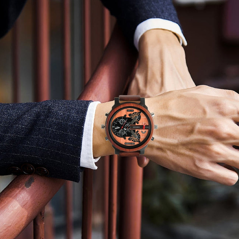 Large Wooden Watch Dial, Mens Watches, Dual Time Zone,Montre En Bois Homme,Reloj Madera,Sport Clock, Red Wood Wristwatch For Men
