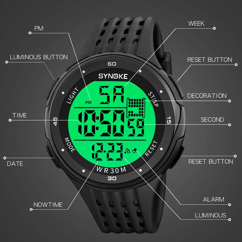 SYNOKE Men Digital Watch LED Display Waterproof Male Wristwatch Chronograph Calendar Alarm Week Sports Watches Relogio Masculino