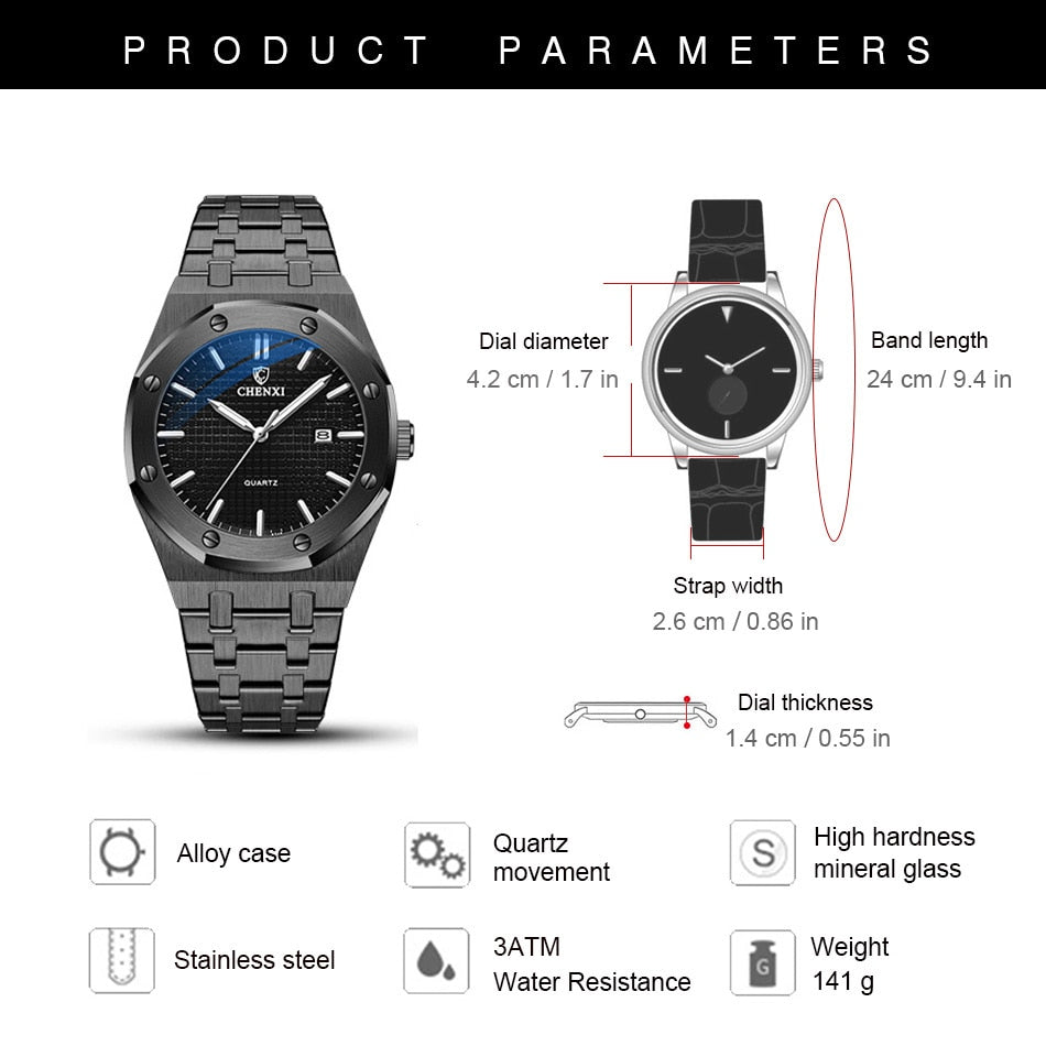 Royal Fashion Casual Men Watches Big Dial Silver Stainless Steel Calendar Quartz Wristwatch Classic Top Brand CHENXI Male Clock