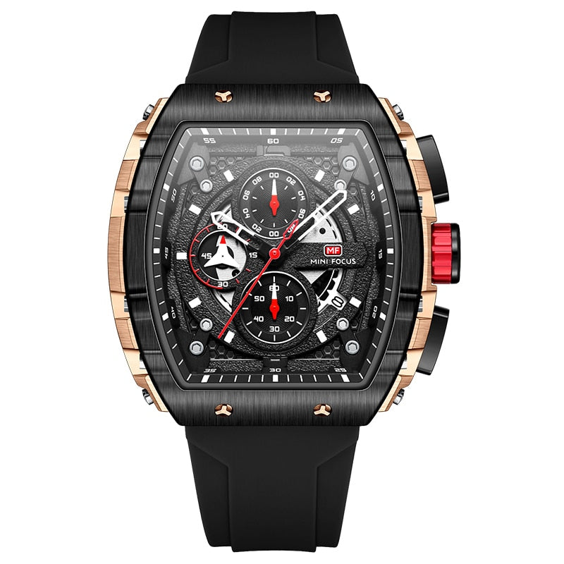 MINI FOCUS Chronograph Quartz Watch for Men Tonneau Dial Military Sport Wristwatch with Orange Silicone Strap Auto Date 0399