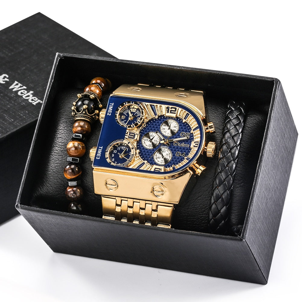 Top Brand Luxury Men Quartz Watch and Bracelet Set Business Gold Stainless Steel Big Dial Wristwatch Gift for Men Reloj Hombre