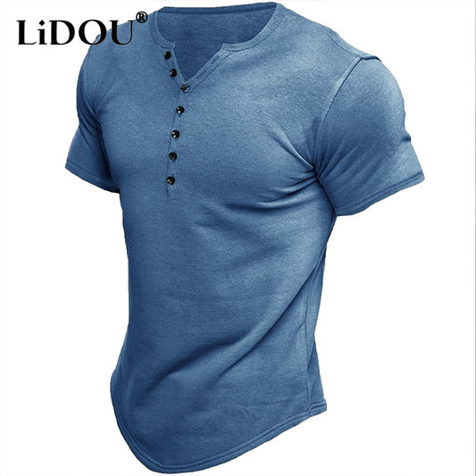 New Harajuku Cotton Henley Shirt for Men Solid Button Short Sleeve T-shirt Loose Casual Tops Men Free Shipping Male Clothing