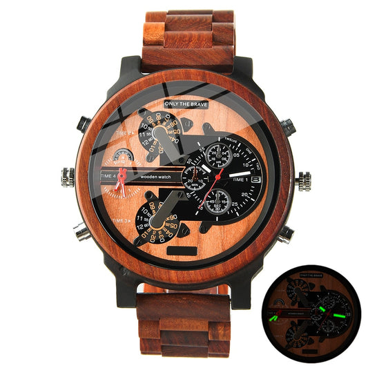 Large Wooden Watch Dial, Mens Watches, Dual Time Zone,Montre En Bois Homme,Reloj Madera,Sport Clock, Red Wood Wristwatch For Men
