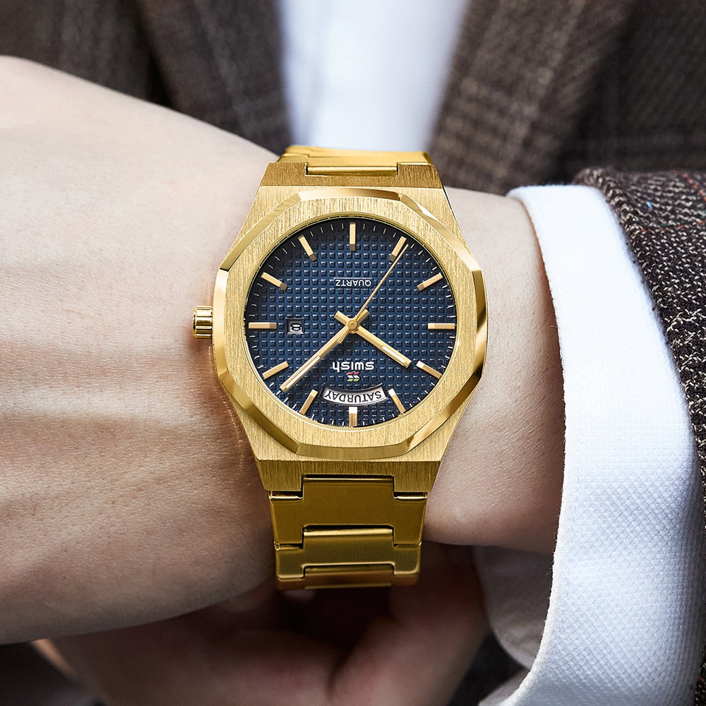 New Octagonal Design Quartz Wristwatches Men Golden Stainless Steel Dress Watch Date/Week Functions Luxury Diver's Clock Man