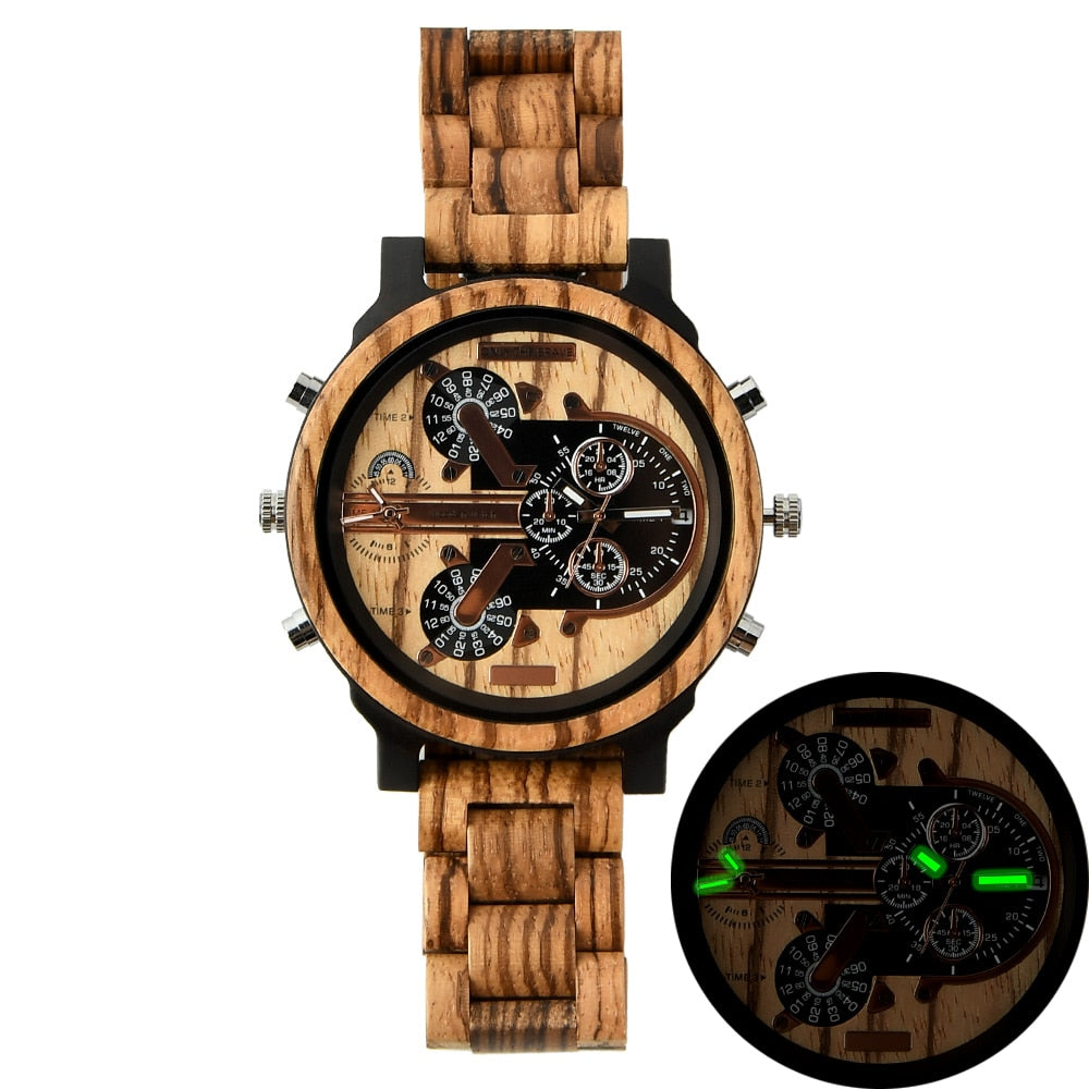 Large Wooden Watch Dial, Mens Watches, Dual Time Zone,Montre En Bois Homme,Reloj Madera,Sport Clock, Red Wood Wristwatch For Men