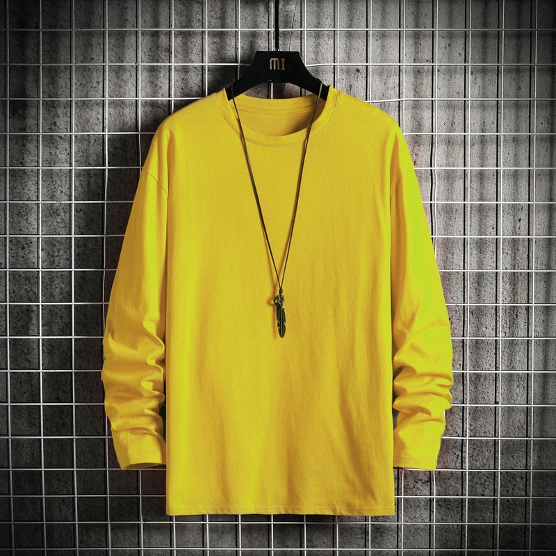 Men's Solid Color Classic Long Sleeve T-Shirt Casual Cotton Tops  Neck Pullover Tee Men Clothing