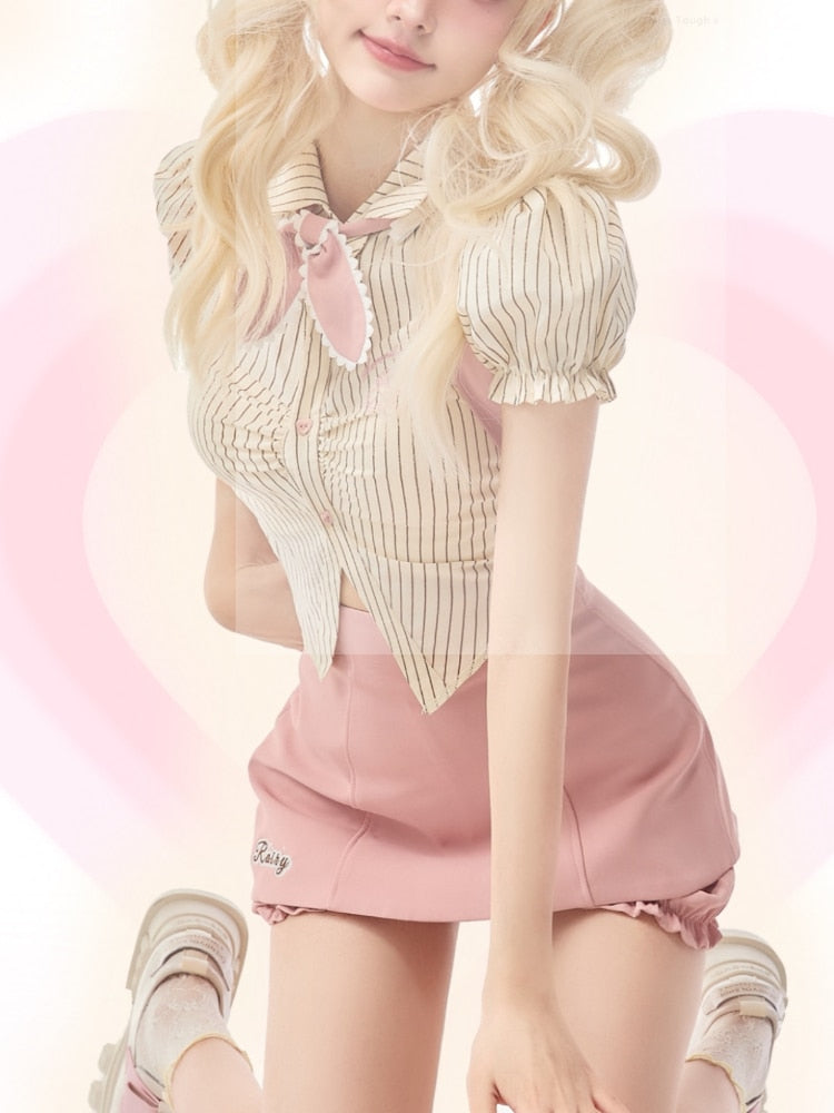 Pink Japanese Kawaii Two Piece Set Women Korean Sweet Party Mini Dress Suit Puff Sleeve Striped Blouse + Suspenders Dress 2023