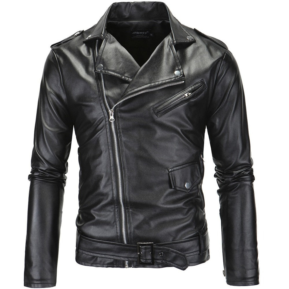 Mens Leather Jackets 2022 New White Black Casual Lapel Slim Fit Diagonal Zipper Motorcycle PU Leather Jacket Coat Mens Clothing