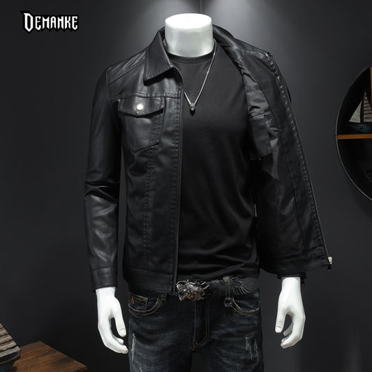 DEMANKE Spring Autumn 2022 New Mens Leather Jackets Slim Fit Male Fashion Jackets Faux Windproof Warm Coats Man Brand Clothing