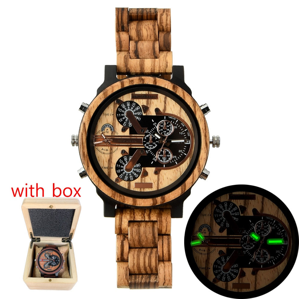 Large Wooden Watch Dial, Mens Watches, Dual Time Zone,Montre En Bois Homme,Reloj Madera,Sport Clock, Red Wood Wristwatch For Men