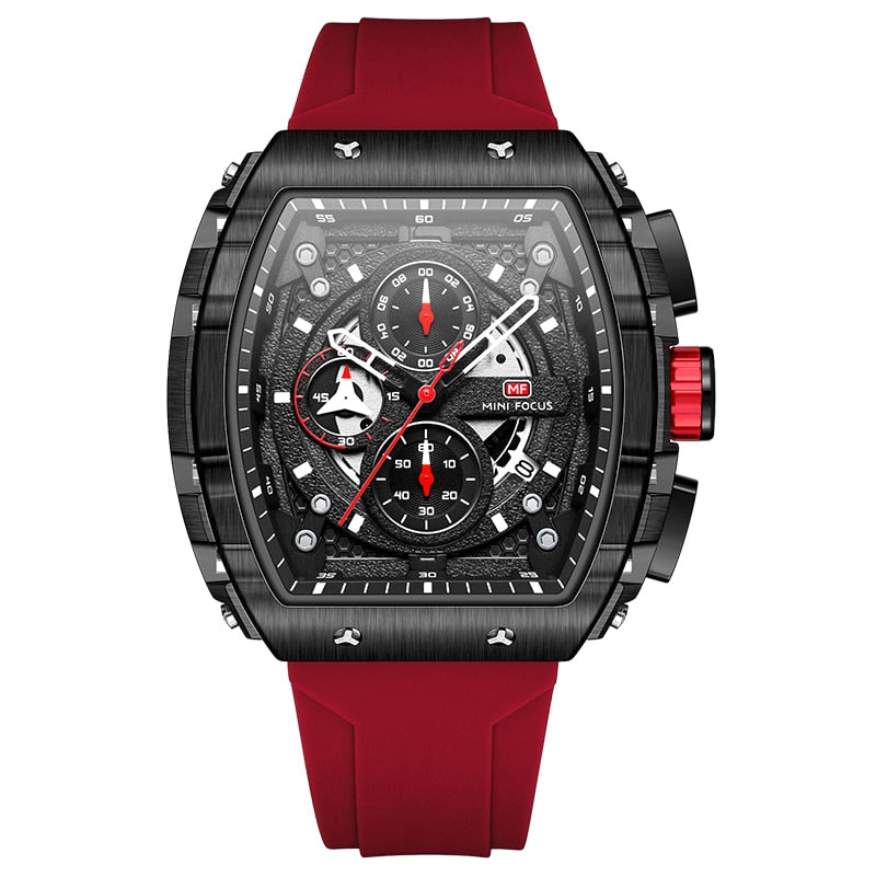 MINI FOCUS Chronograph Quartz Watch for Men Tonneau Dial Military Sport Wristwatch with Orange Silicone Strap Auto Date 0399