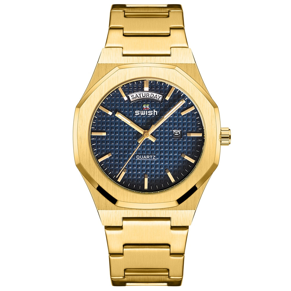 New Octagonal Design Quartz Wristwatches Men Golden Stainless Steel Dress Watch Date/Week Functions Luxury Diver's Clock Man