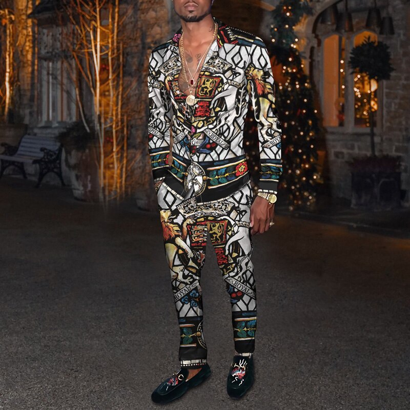 Vintage Harajuku Print Men's Clothing 2022 Spring Autumn New Casual Suits Long Sleeve Shirt Pants 2 Piece Set Trendy Streetwear