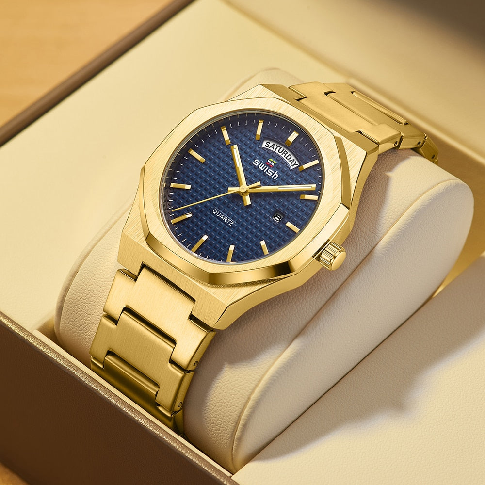 New Octagonal Design Quartz Wristwatches Men Golden Stainless Steel Dress Watch Date/Week Functions Luxury Diver's Clock Man