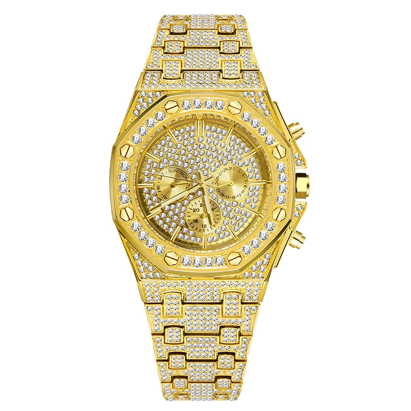 Gold Watch For Men Luxury Diamond Big Wrist Quartz Watches With Calendar Bussiness Hip Hop Large Male Hand Clock Dropshipping