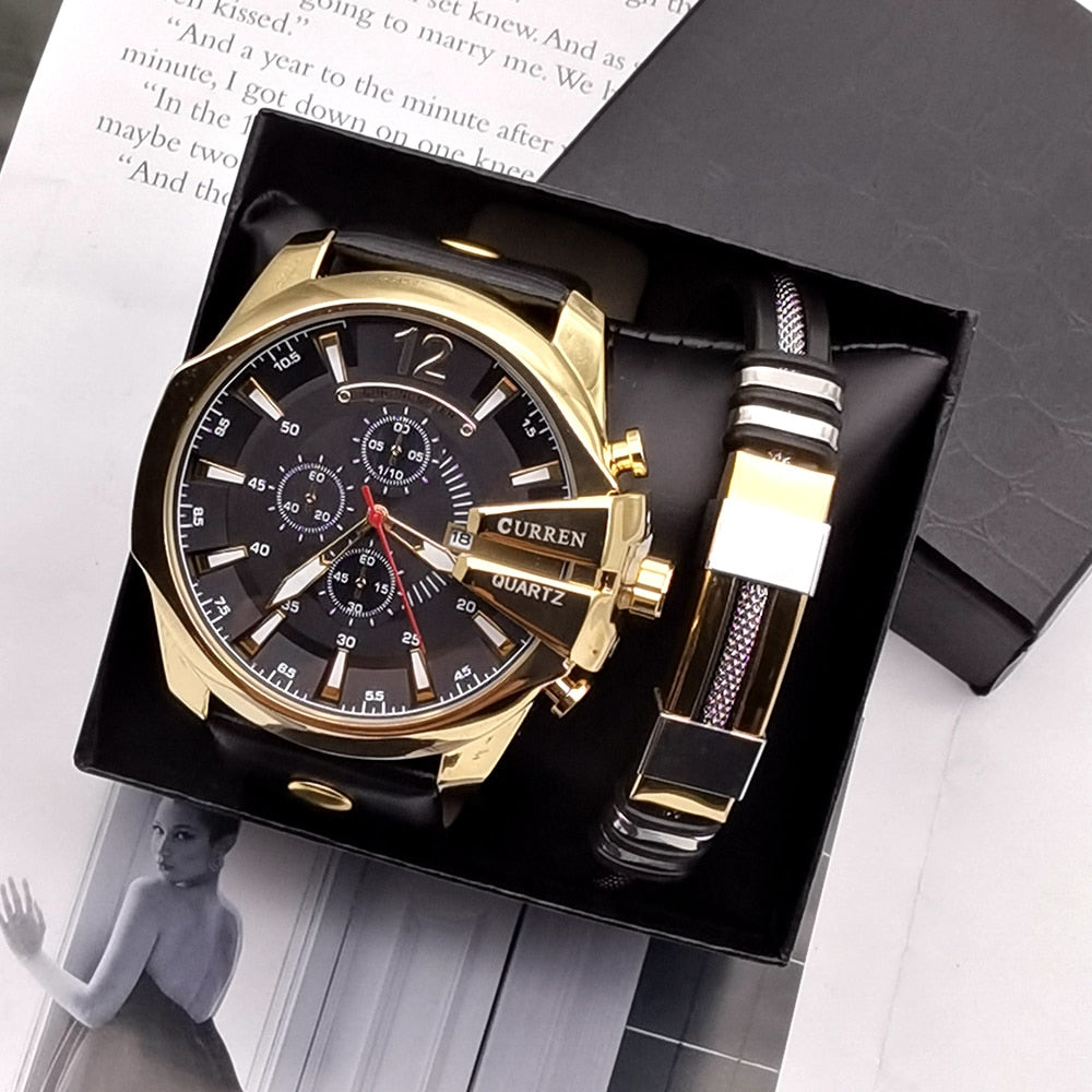 Men Watch Top Brand Men's Quartz Wristwatches Male Calendar Clock Luxury Reloj Hombres Leather Wristwatches with Bracelets Box