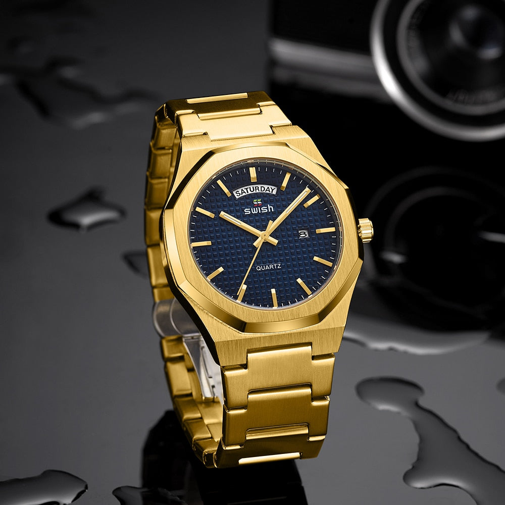 New Octagonal Design Quartz Wristwatches Men Golden Stainless Steel Dress Watch Date/Week Functions Luxury Diver's Clock Man