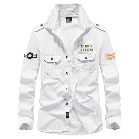 Military Shirt Men's Shirts Casual Style Clothing Cotton Long Sleeve Retro Vintage 6XL Embroidery Plus Size White Drop Shipping