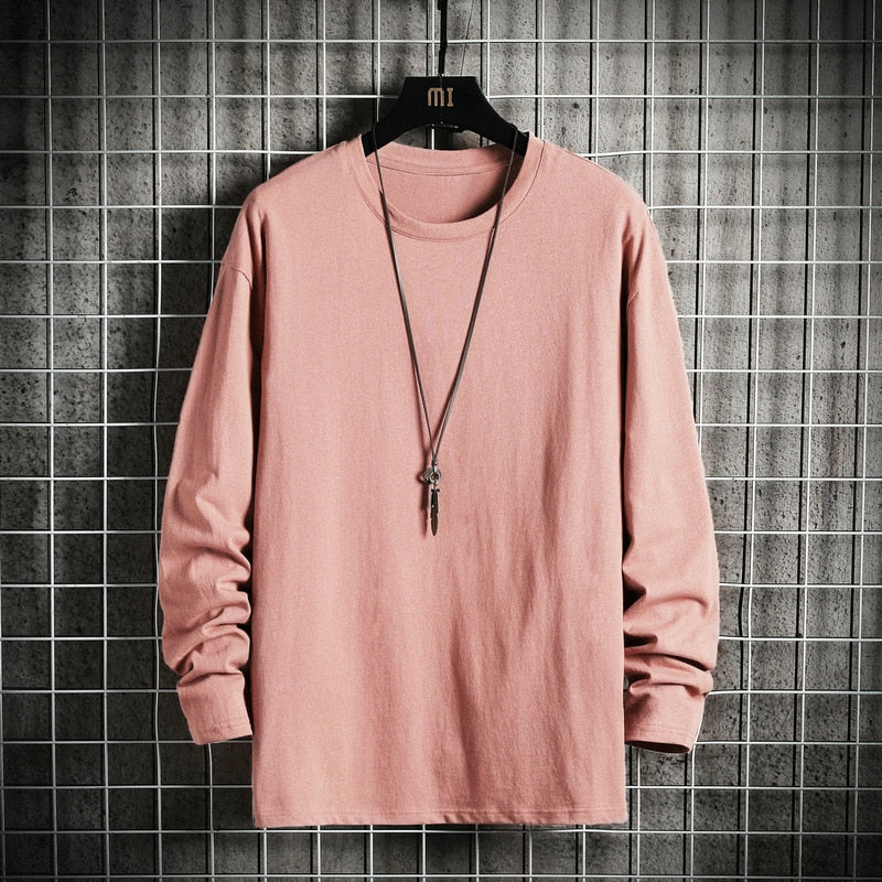 Men's Solid Color Classic Long Sleeve T-Shirt Casual Cotton Tops  Neck Pullover Tee Men Clothing