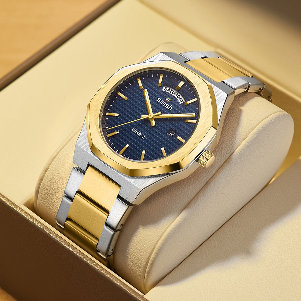 New Octagonal Design Quartz Wristwatches Men Golden Stainless Steel Dress Watch Date/Week Functions Luxury Diver's Clock Man