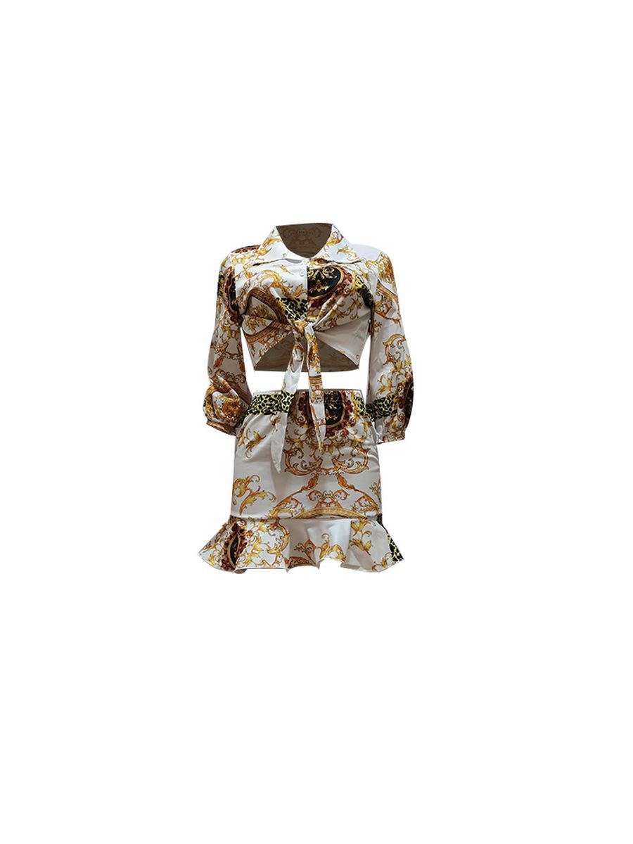 LW Sexy Two Piece Floral Leopard Print Ruffle Design Skirt Set Three Quarter Sleeve Tribal Turndown Collar Tie Front Lady Outfit