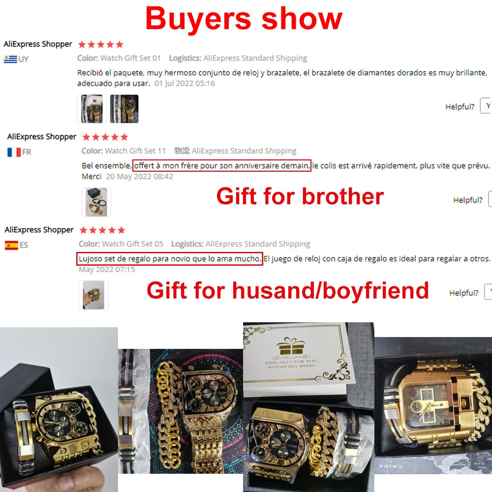 Top Brand Luxury Men Quartz Watch and Bracelet Set Business Gold Stainless Steel Big Dial Wristwatch Gift for Men Reloj Hombre