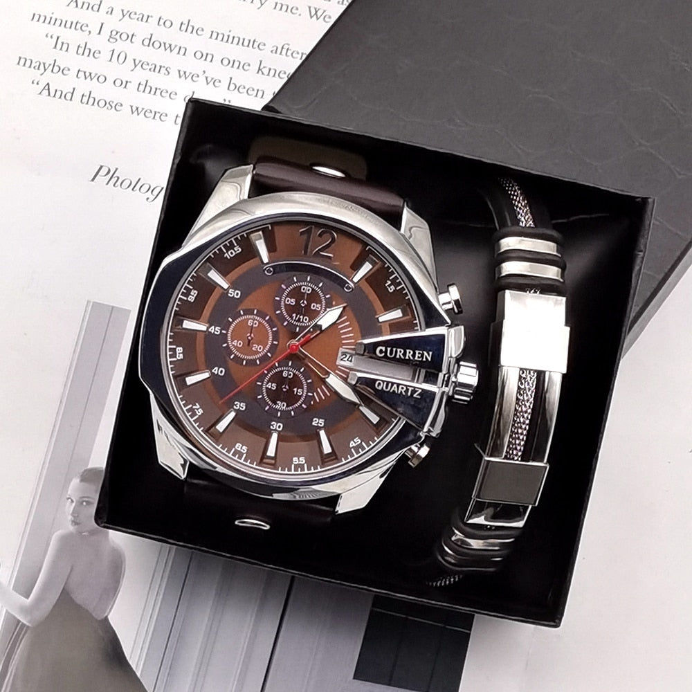 Men Watch Top Brand Men's Quartz Wristwatches Male Calendar Clock Luxury Reloj Hombres Leather Wristwatches with Bracelets Box