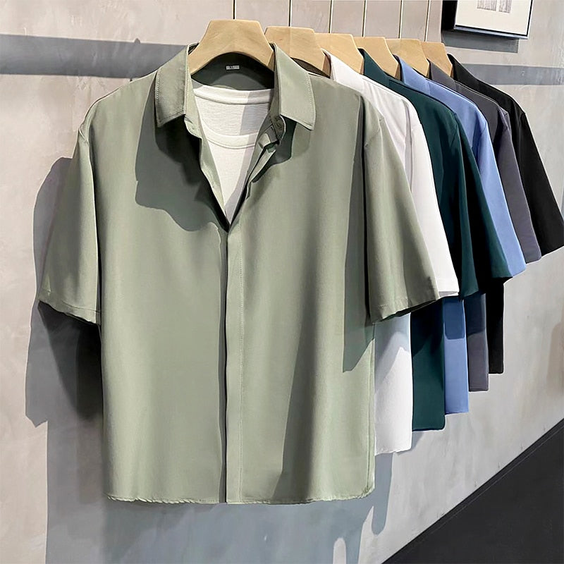 Summer Cool Men Short-sleeved Shirt Anti-wrinkle Solid Color Fashion office Casual Loose Button Pocket Shirt Male Clothing Top