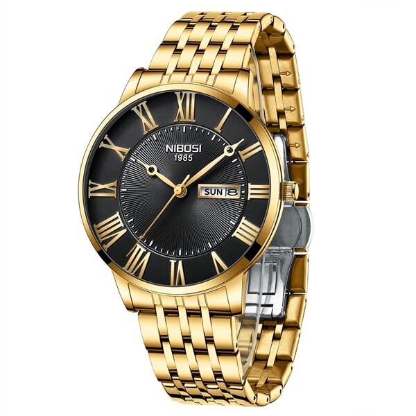 NIBOSI Fashion Simple Men Watch Slim Steel Week Date Waterproof Gold Watch For Men Quartz Business Watch Clock Relogio Masculino
