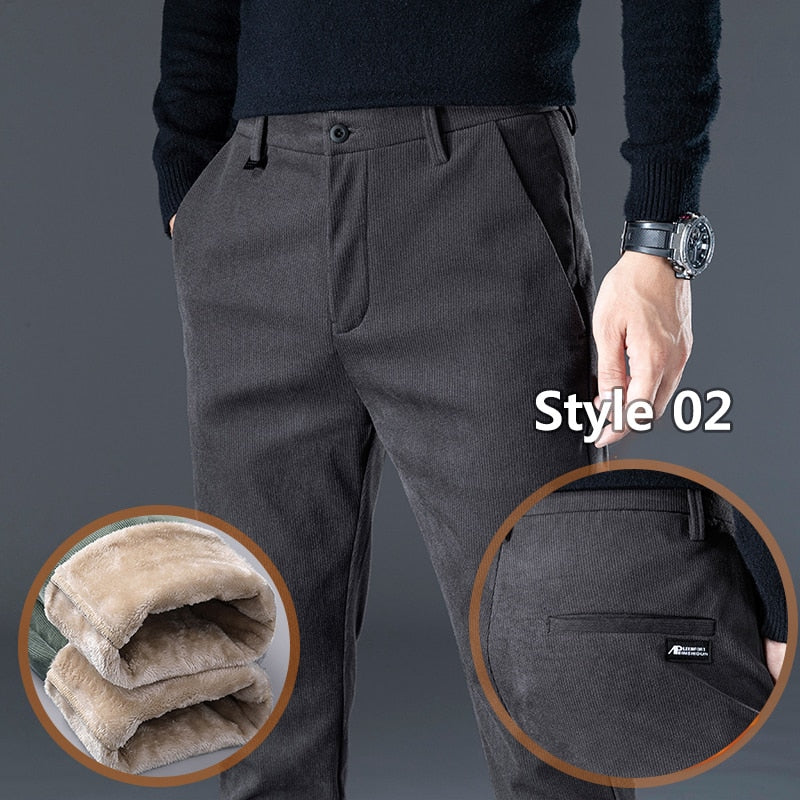 Winter Fleece Warm Corduroy Pants Men Stretch Thick Elastic Waist Fluff Pant Korean Classic Brown Trousers Male Brand Clothing