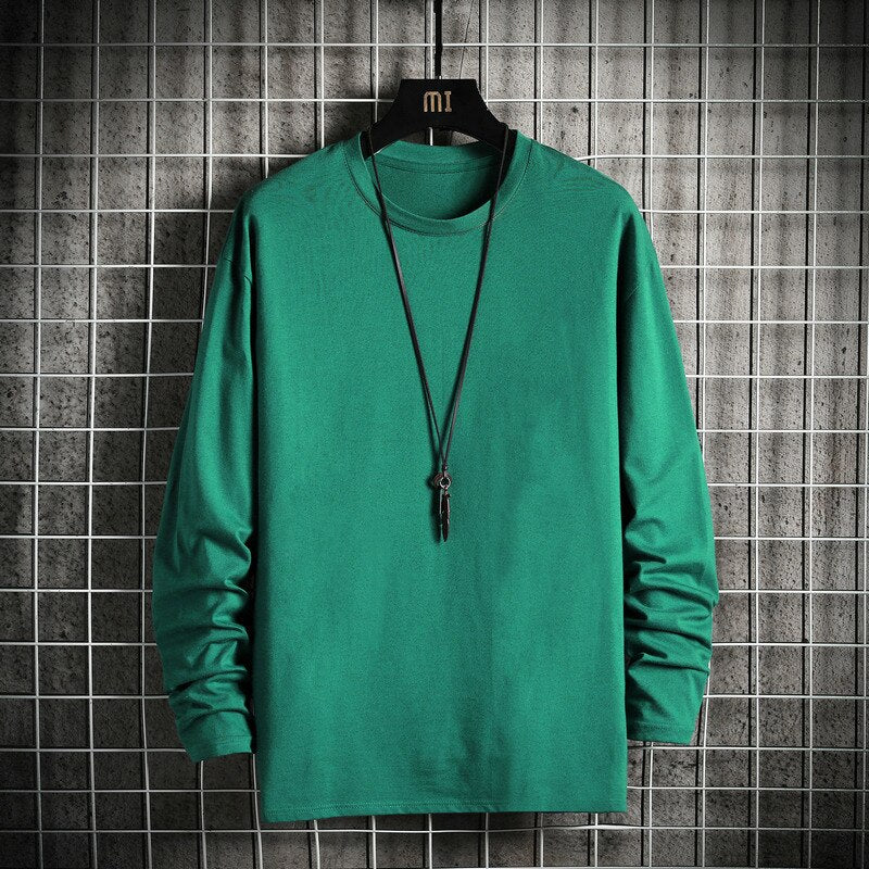 Men's Solid Color Classic Long Sleeve T-Shirt Casual Cotton Tops  Neck Pullover Tee Men Clothing