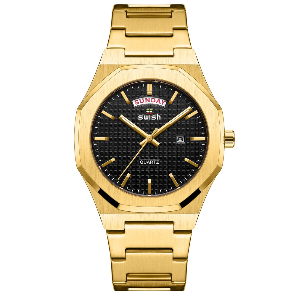 New Octagonal Design Quartz Wristwatches Men Golden Stainless Steel Dress Watch Date/Week Functions Luxury Diver's Clock Man