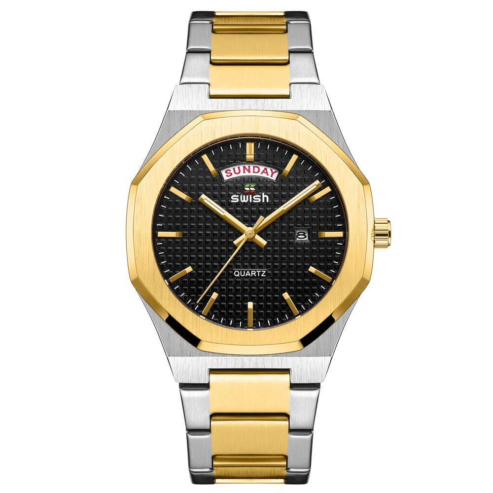 New Octagonal Design Quartz Wristwatches Men Golden Stainless Steel Dress Watch Date/Week Functions Luxury Diver's Clock Man
