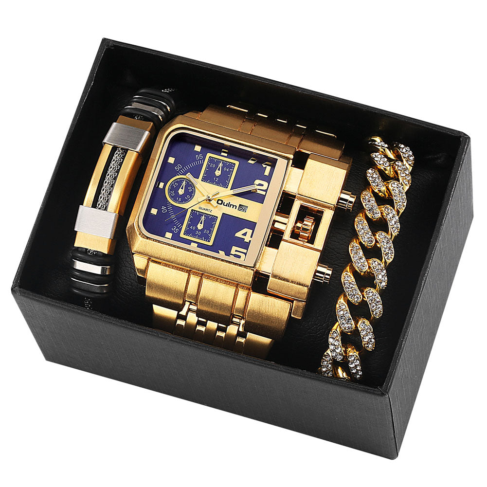 Top Brand Luxury Men Quartz Watch and Bracelet Set Business Gold Stainless Steel Big Dial Wristwatch Gift for Men Reloj Hombre