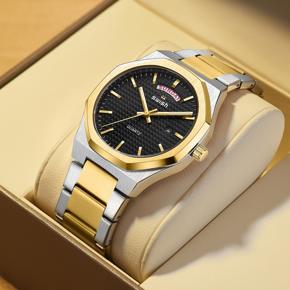 New Octagonal Design Quartz Wristwatches Men Golden Stainless Steel Dress Watch Date/Week Functions Luxury Diver's Clock Man