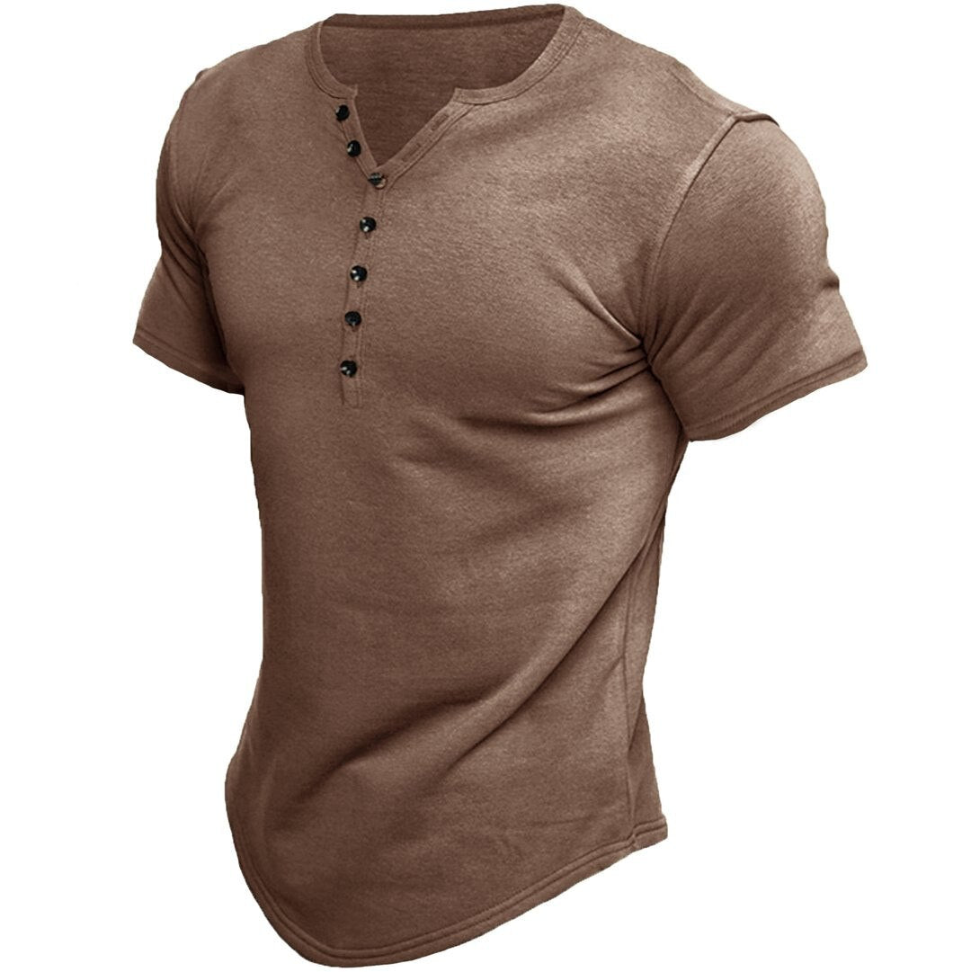 New Harajuku Cotton Henley Shirt for Men Solid Button Short Sleeve T-shirt Loose Casual Tops Men Free Shipping Male Clothing