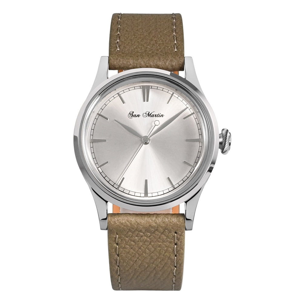 San Martin Mens Dress Watch 38mm Sunray Salmon Dial Ronda 715/6004 Quartz Movement Vintage Simple Watches 5 Bar Leather Strap