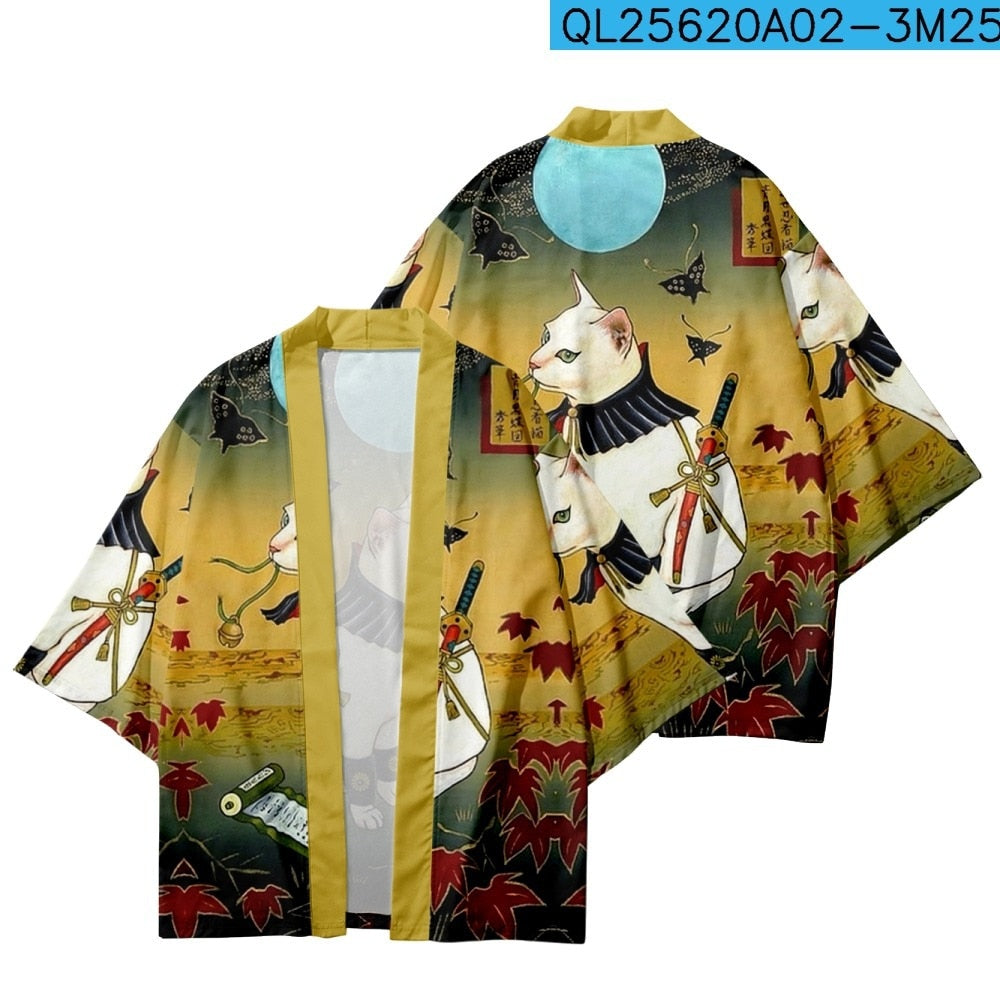 Streetwear Cardigan Demon Samurai Cat Print Shirt Clothing Traditional Haori Kimono Women Men Harajuku Japanese Beach Yukata Top