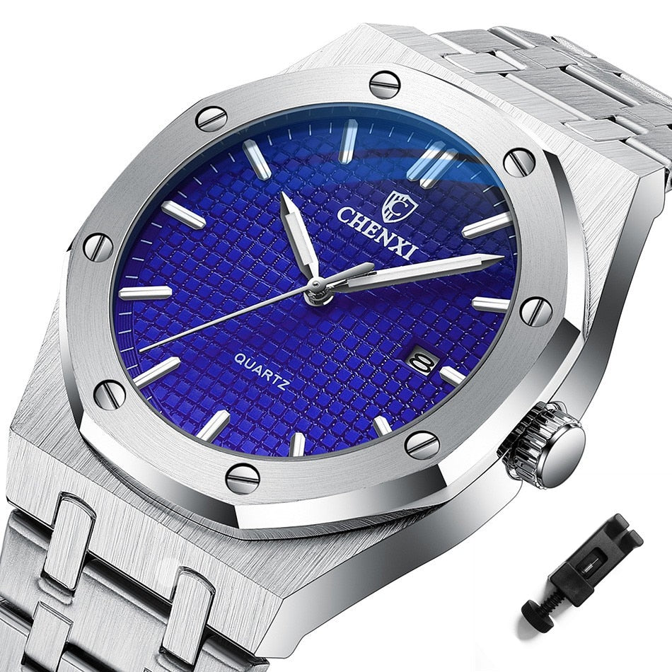Royal Fashion Casual Men Watches Big Dial Silver Stainless Steel Calendar Quartz Wristwatch Classic Top Brand CHENXI Male Clock