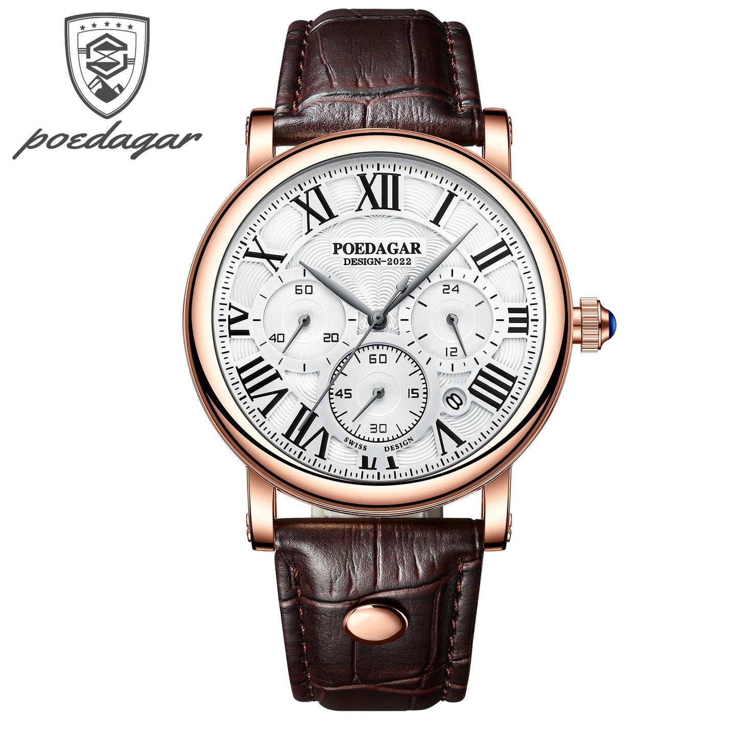 POEDAGAR Men Watch Fashion Chronograph Quartz Watches High Quality Leather Waterproof Luminous Week Date Business Man Wristwatch