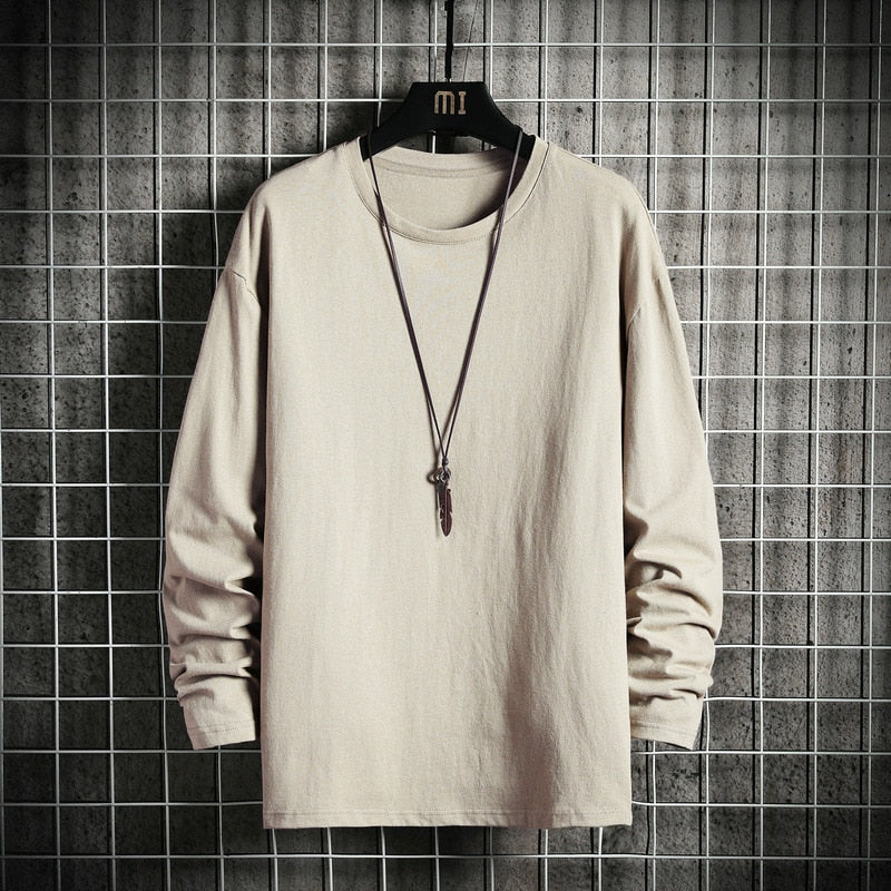 Men's Solid Color Classic Long Sleeve T-Shirt Casual Cotton Tops  Neck Pullover Tee Men Clothing