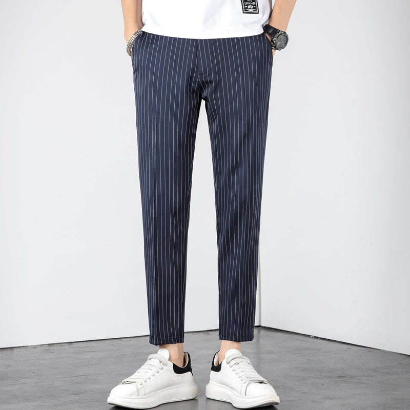 Summer Business Stripe Suit Pants Men Thin Formal Slim Fit Classic Work Ankle Length Straight Blue Trousers Brand Clothing 38